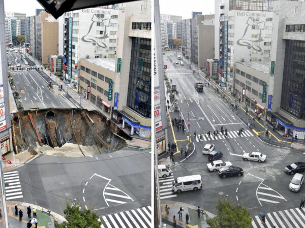 Gestern noch da, heute schon weg: Das gewaltige Lock von Fukuoka vor 6 Tagen und heute. Quelle: Kyodo