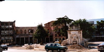 One of the destroyed squares in the centre