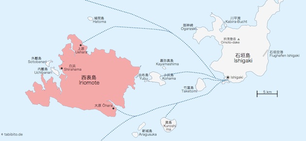 Karte von Iriomote (rot) und umliegenden Inseln