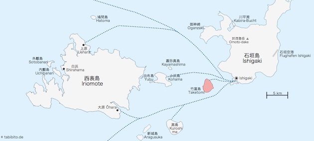 Karte von Taketomi (rot) und umliegenden Inseln