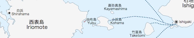 Karte von Yubu-jima (rot) und den umliegenden Inseln