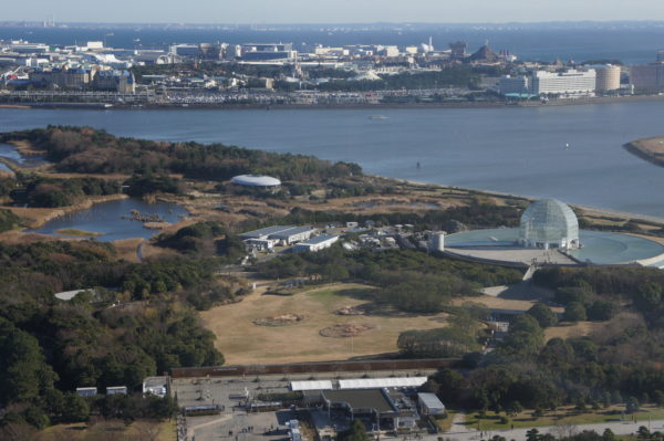 Blick über den Vogelpark und das Aquarium des Kasai-Parks Richtung Disneyland