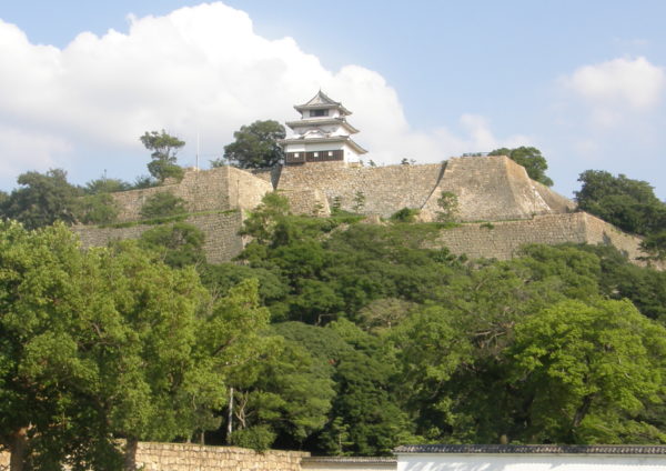 Blick von der Unterstadt zur imposanten Mauer - und dem Mini-Donjon der Burg von Marugame