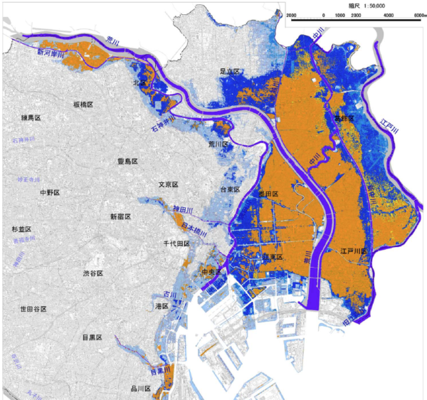 Geschätzte Hochwasser-Verweildauer: Orange = eine Woche, dunkelblau: 1 Tag