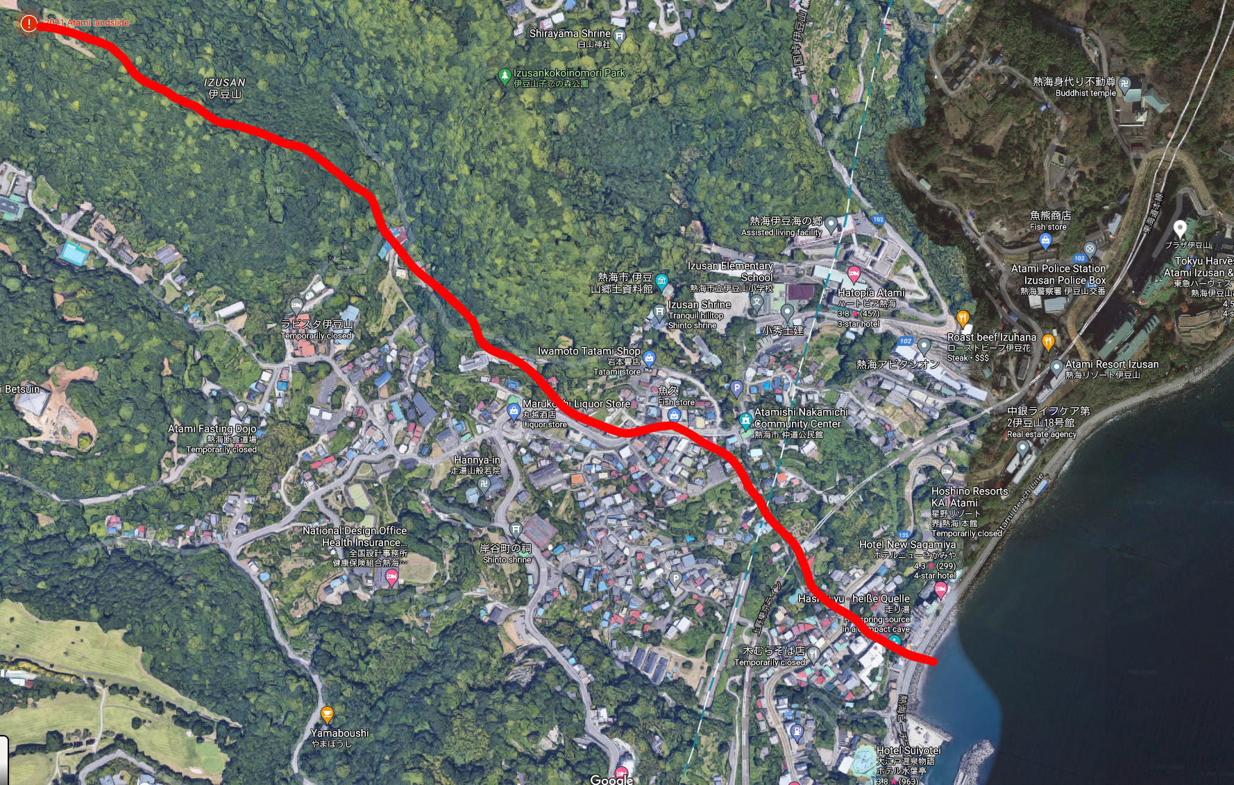 Route des Landrutsches in Atami am 3. Juli 2021 (Quelle: Google Earth)