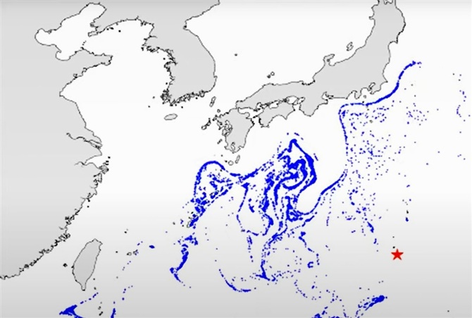 Prognose der Bimssteinverbreitung Ende November 2021(Quelle: Japan Agency for Marine-Earth Science and Technology)