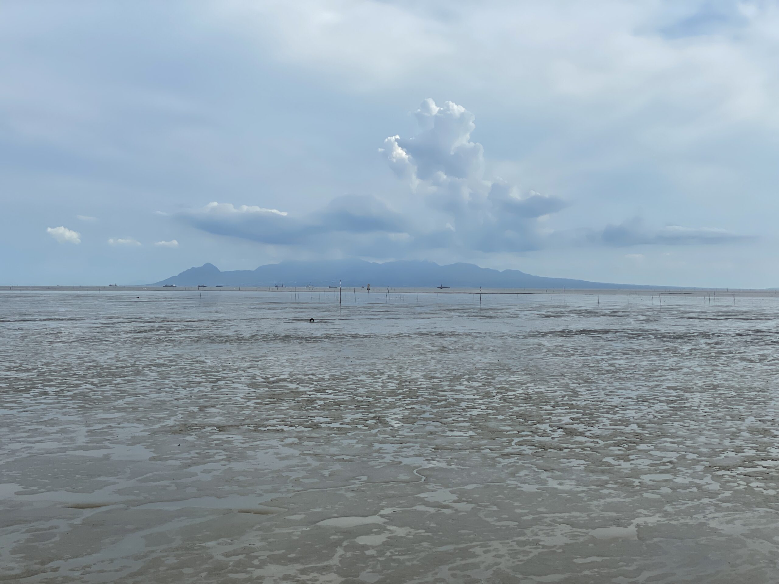 Blick auf das Watt der Ariake-Bucht mit der Shimabara-Halbinsel im Hintergrund