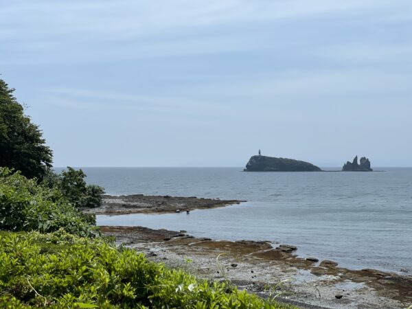 Küste bei Wakinosawa mit der winzigen Insel Taijima im Hintergrund