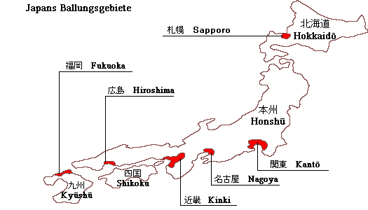 Schematische Karte: Japans Ballungsgebiete