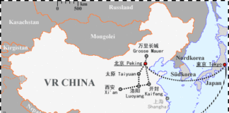 Karte der VR China und Reiseroute (anklickbar)