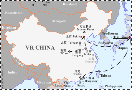 Karte der VR China und Reiseroute (anklickbar)