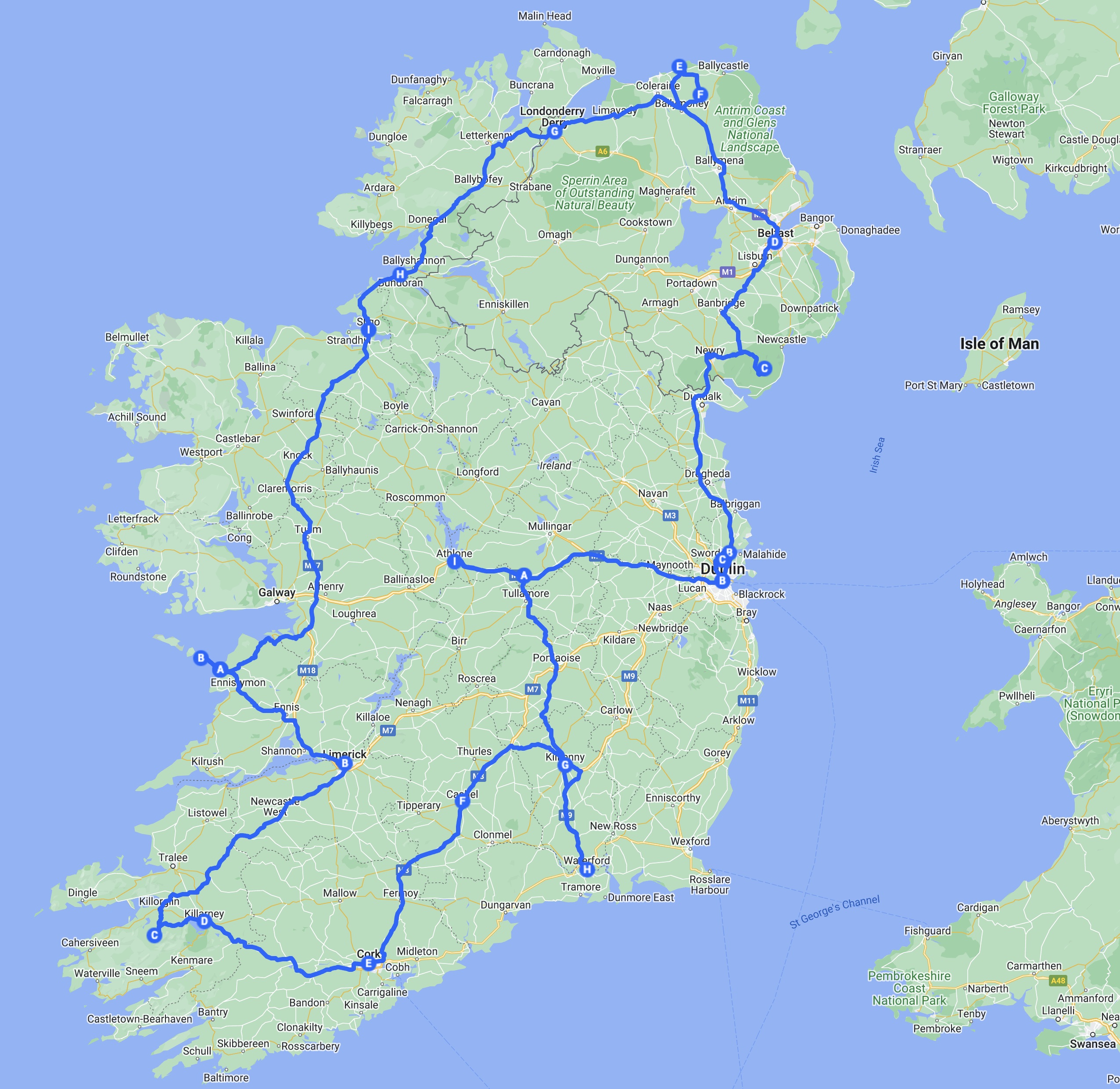 Die Reiseroute in Irland