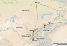 Stan, Stan, Stan: Teil 1 (Tokyo-Seoul-Almaty) Reiseroute Zentralasien 2025: Gestrichelte Linie = Flugzeug