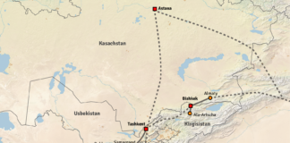 Reiseroute Zentralasien 2025: Gestrichelte Linie = Flugzeug
