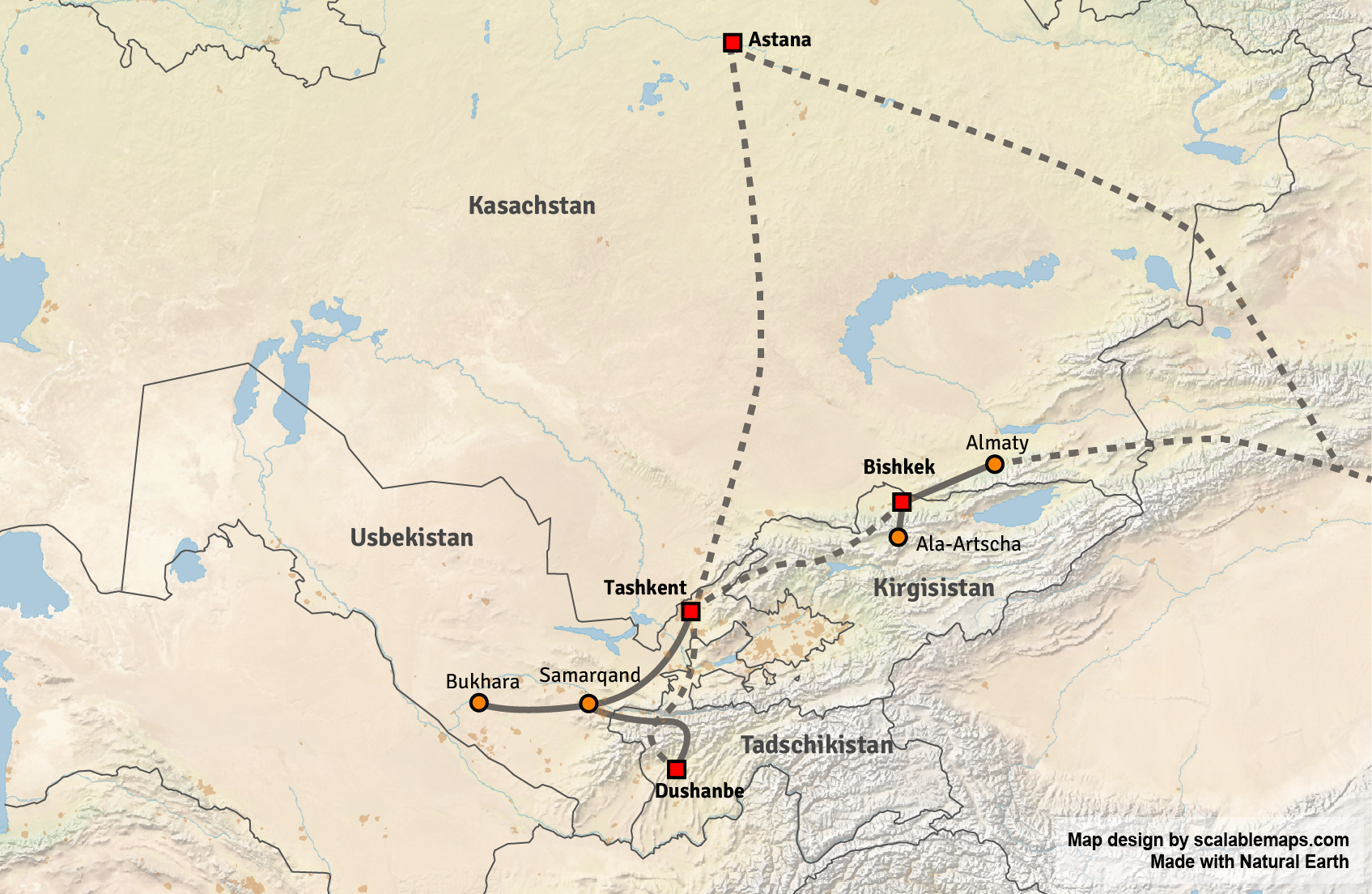 Reiseroute Zentralasien 2025: Gestrichelte Linie = Flugzeug